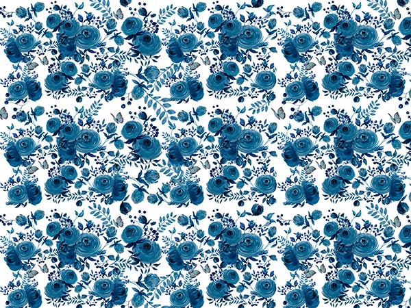 Evoking the blue and white patterns of fine bone china, these flowers and butterflies are a fresh change from the pinks and peaches one mostly finds in floral designs. 